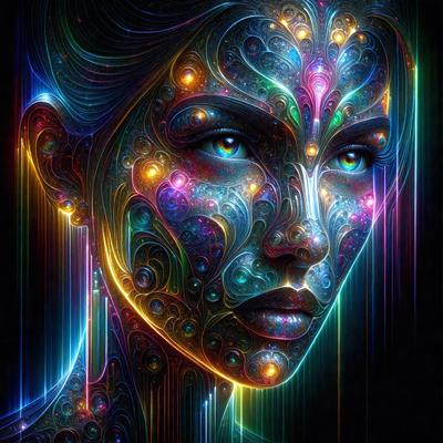 The primary subject of the image is a woman with a colorful, artistic appearance. She is the main focus of the image, and her face is adorned with a variety of colors and patterns. The setting is a vibrant, colorful background that complements the woman's unique look. The visual style of the image is digital art, as it is a computer-generated portrait. The colors and mood of the image are lively and energetic, with a strong emphasis on the woman's striking features